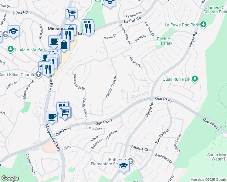 map of restaurants, bars, coffee shops, grocery stores, and more near 25721 Pacific Crest Drive in Mission Viejo