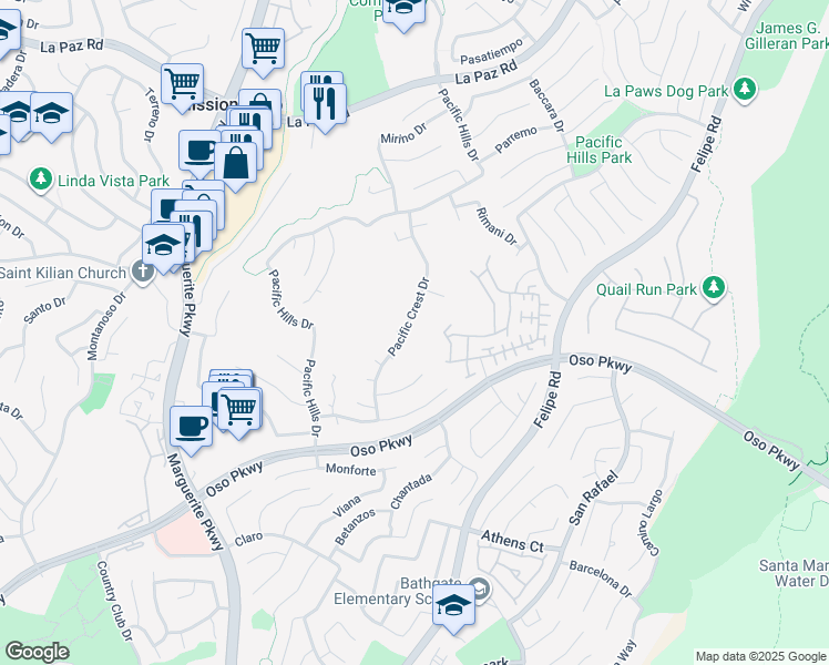 map of restaurants, bars, coffee shops, grocery stores, and more near 25721 Pacific Crest Drive in Mission Viejo