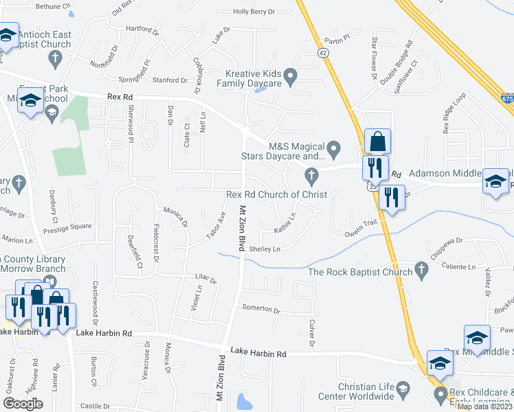 map of restaurants, bars, coffee shops, grocery stores, and more near 2731 Lynn Court in Ellenwood