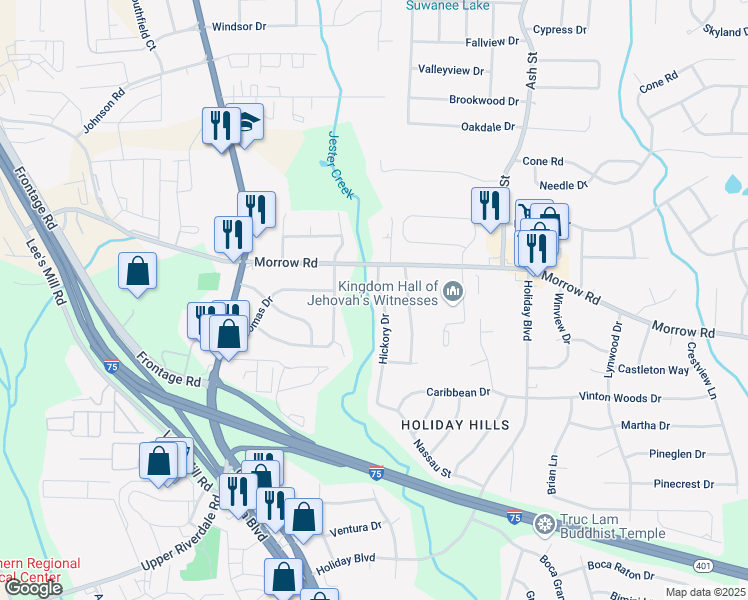 map of restaurants, bars, coffee shops, grocery stores, and more near 6045 Hickory Drive in Forest Park