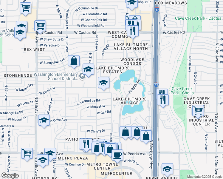 map of restaurants, bars, coffee shops, grocery stores, and more near 11405 North 30th Avenue in Phoenix