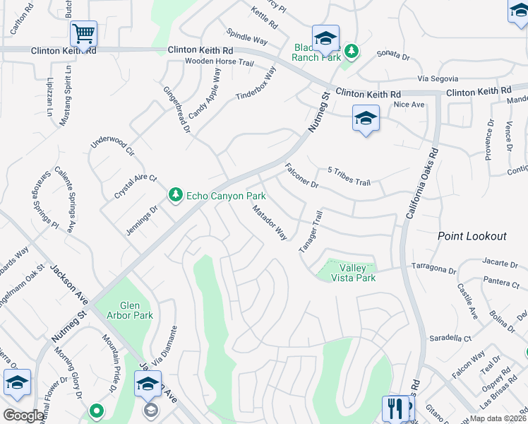 map of restaurants, bars, coffee shops, grocery stores, and more near 23832 Matador Way in Murrieta