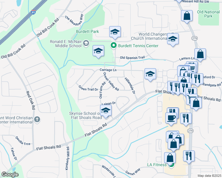 map of restaurants, bars, coffee shops, grocery stores, and more near 2796 Green Trail Drive in Atlanta