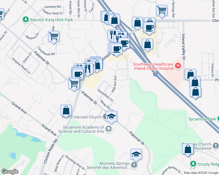 map of restaurants, bars, coffee shops, grocery stores, and more near 32090 Bayberry Road in Wildomar
