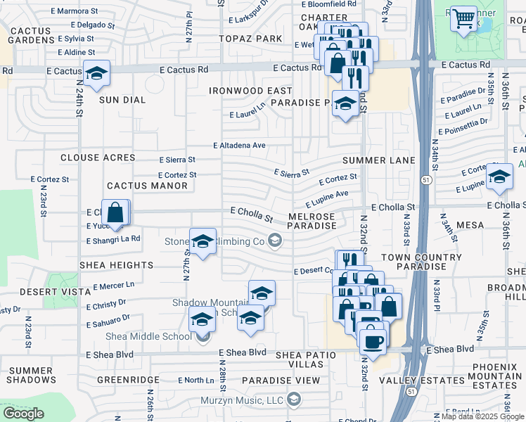 map of restaurants, bars, coffee shops, grocery stores, and more near 2842 East Cholla Street in Phoenix