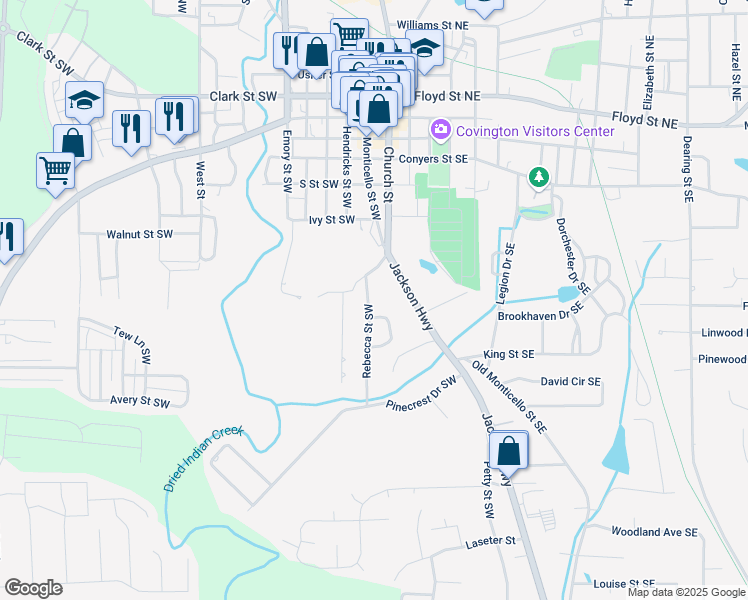 map of restaurants, bars, coffee shops, grocery stores, and more near 3133 Rebecca Street Southwest in Covington