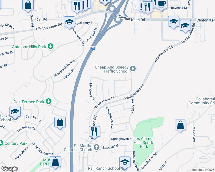 map of restaurants, bars, coffee shops, grocery stores, and more near 36623 Ponderosa Court in Murrieta