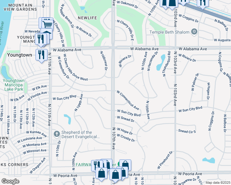 map of restaurants, bars, coffee shops, grocery stores, and more near 10656 West Connecticut Avenue in Sun City
