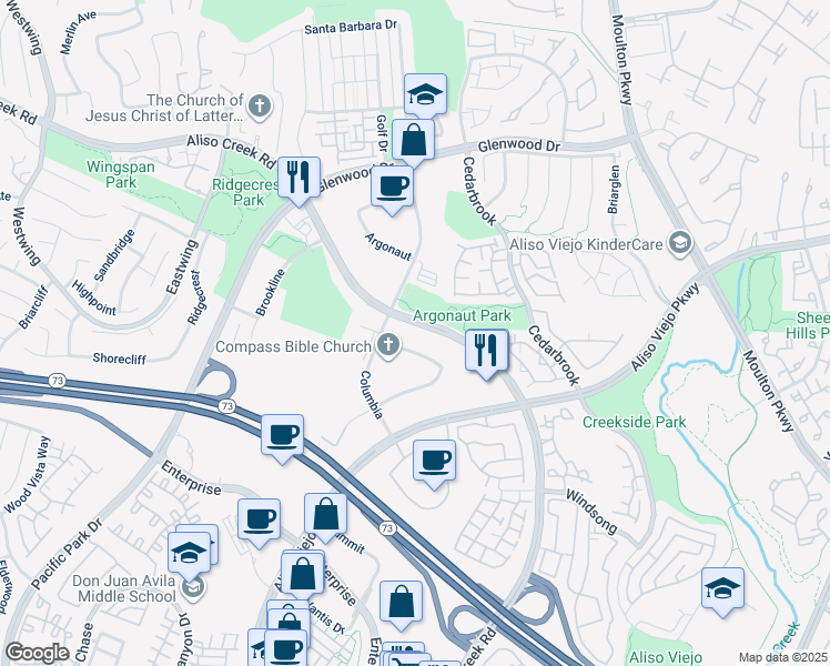 map of restaurants, bars, coffee shops, grocery stores, and more near 135 Columbia in Aliso Viejo