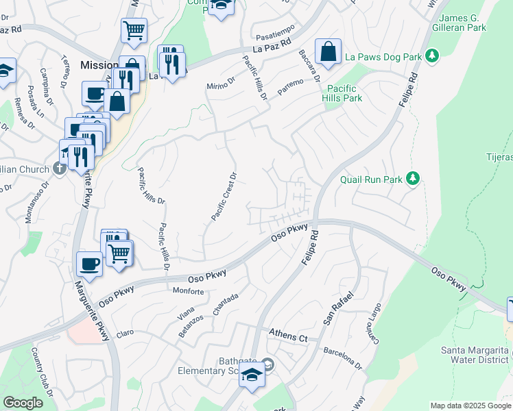 map of restaurants, bars, coffee shops, grocery stores, and more near 11 Brindisi Street in Mission Viejo