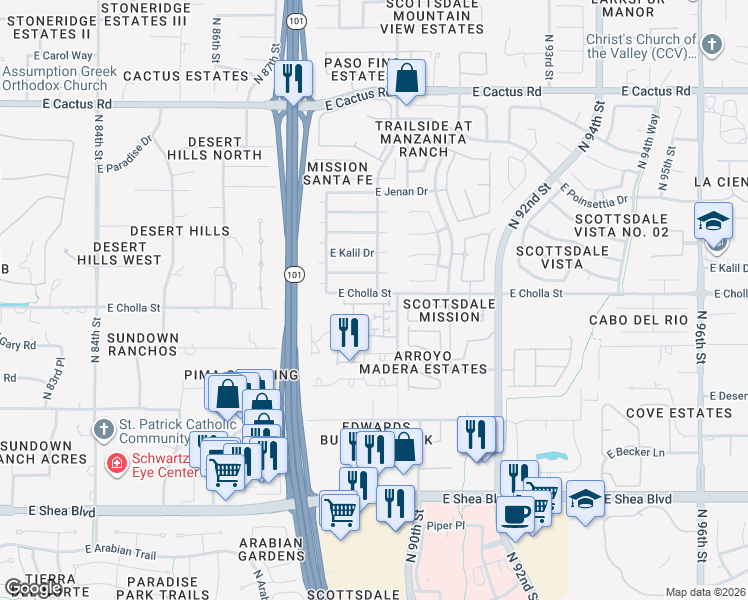 map of restaurants, bars, coffee shops, grocery stores, and more near 8948 East Arizona Park Place in Scottsdale