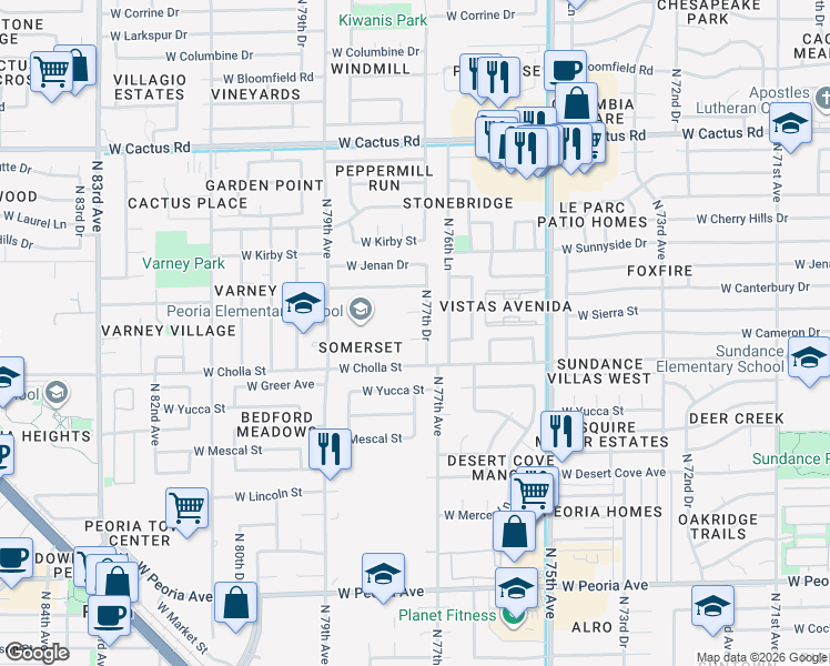 map of restaurants, bars, coffee shops, grocery stores, and more near 7720 West Cameron Drive in Peoria
