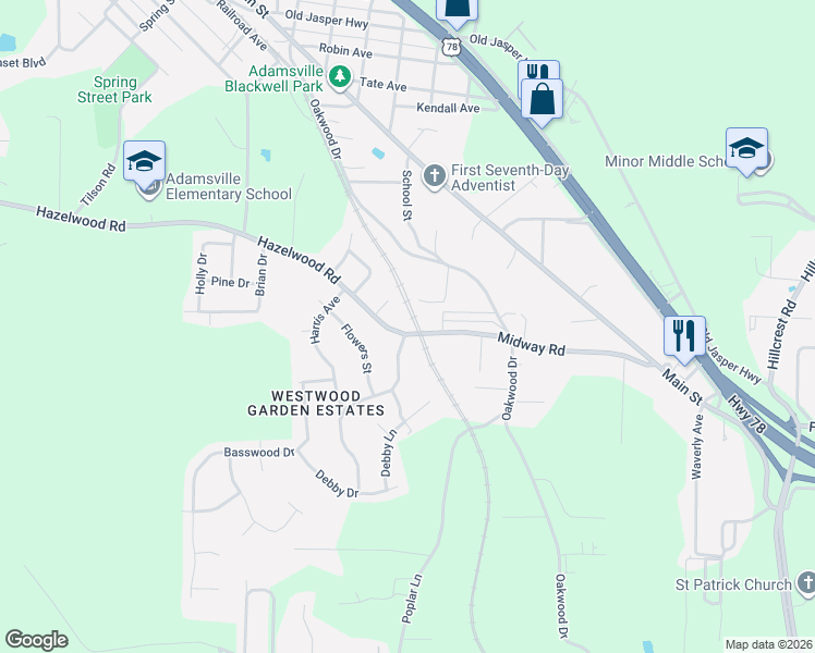 map of restaurants, bars, coffee shops, grocery stores, and more near 4004 Hazelwood Road in Adamsville