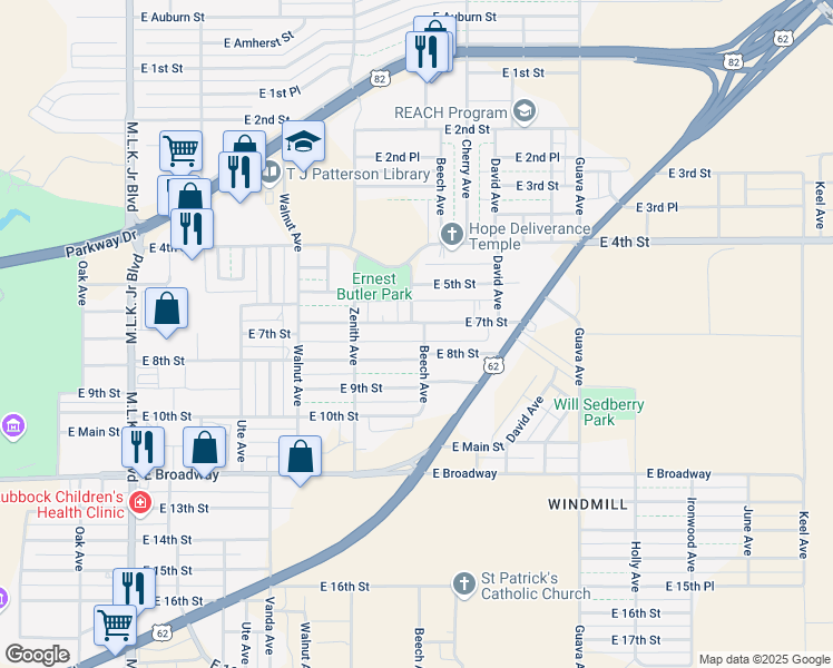 map of restaurants, bars, coffee shops, grocery stores, and more near 2720 East 7th Street in Lubbock