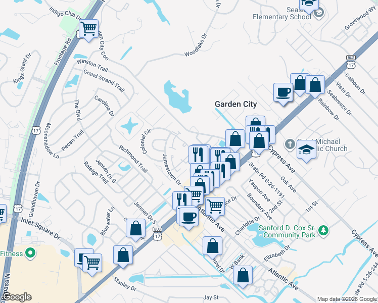 map of restaurants, bars, coffee shops, grocery stores, and more near 850 Colony Drive in Murrells Inlet