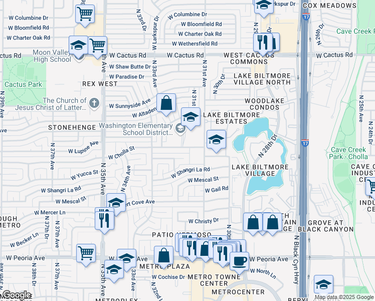map of restaurants, bars, coffee shops, grocery stores, and more near 3123 West Cholla Street in Phoenix