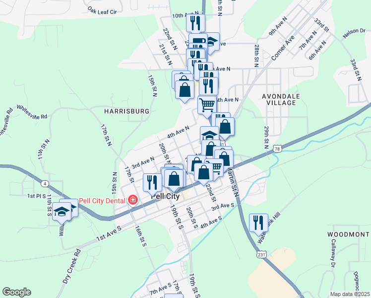 map of restaurants, bars, coffee shops, grocery stores, and more near 2108 3rd Avenue North in Pell City