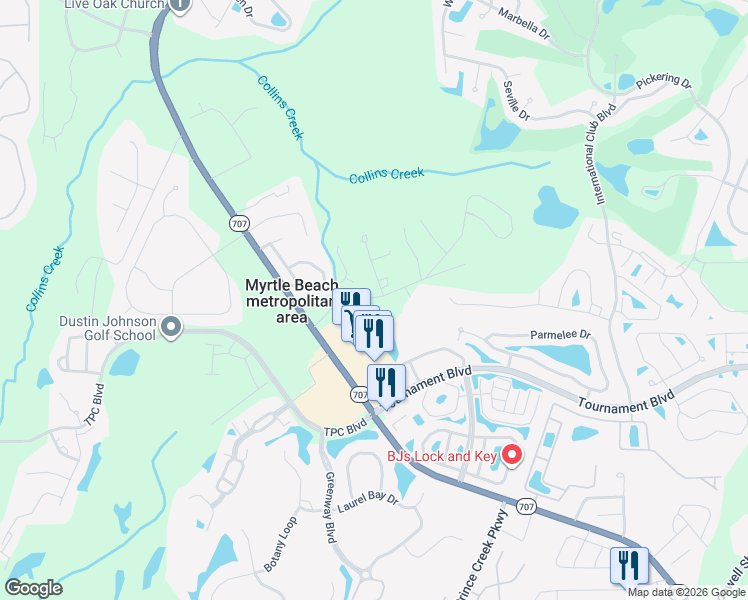 map of restaurants, bars, coffee shops, grocery stores, and more near 6383 Starbuck Lake Road in Murrells Inlet