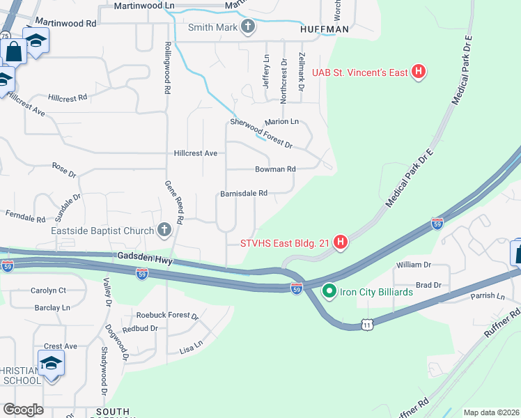 map of restaurants, bars, coffee shops, grocery stores, and more near 1109 Eadom Place in Birmingham