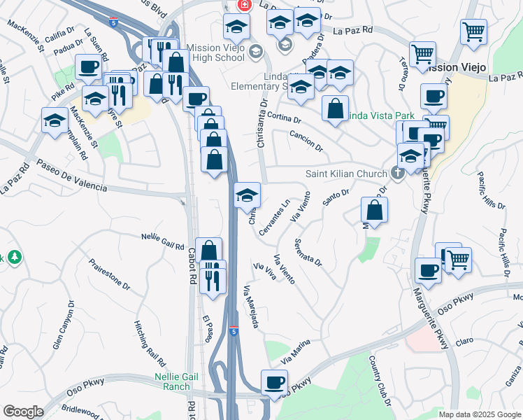 map of restaurants, bars, coffee shops, grocery stores, and more near 26342 Palomita Circle in Mission Viejo