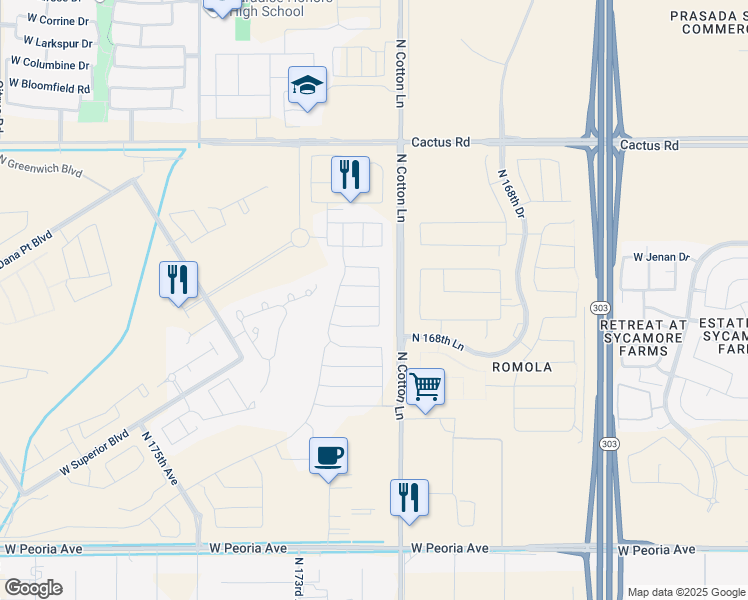 map of restaurants, bars, coffee shops, grocery stores, and more near 17152 West Wildwood Street in Surprise