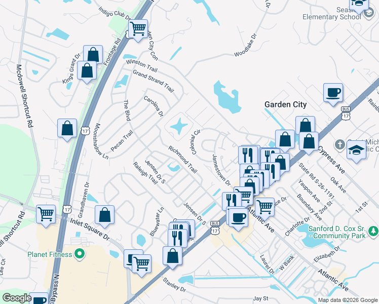 map of restaurants, bars, coffee shops, grocery stores, and more near 118 Colonial Cir in Murrells Inlet