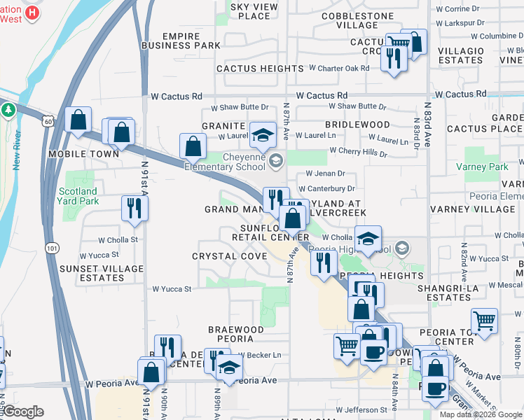 map of restaurants, bars, coffee shops, grocery stores, and more near 8864 West Cameron Drive in Peoria