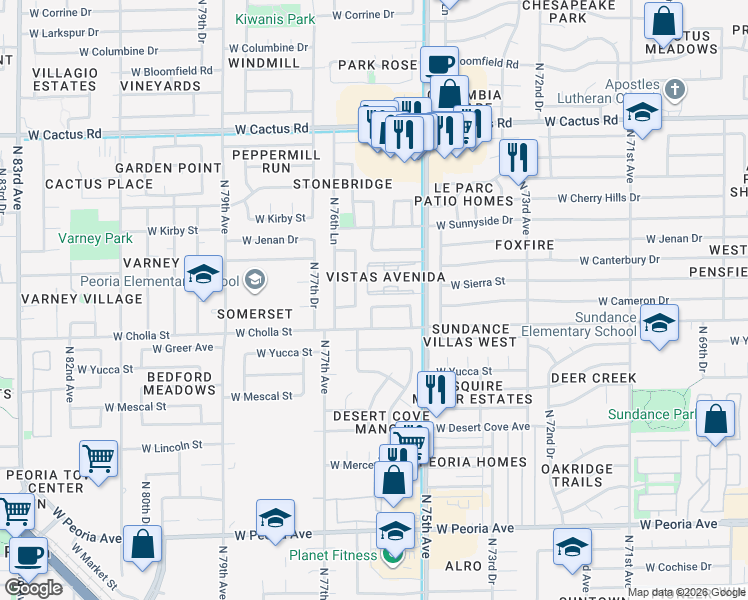 map of restaurants, bars, coffee shops, grocery stores, and more near 7574 W Cameron Dr in Peoria