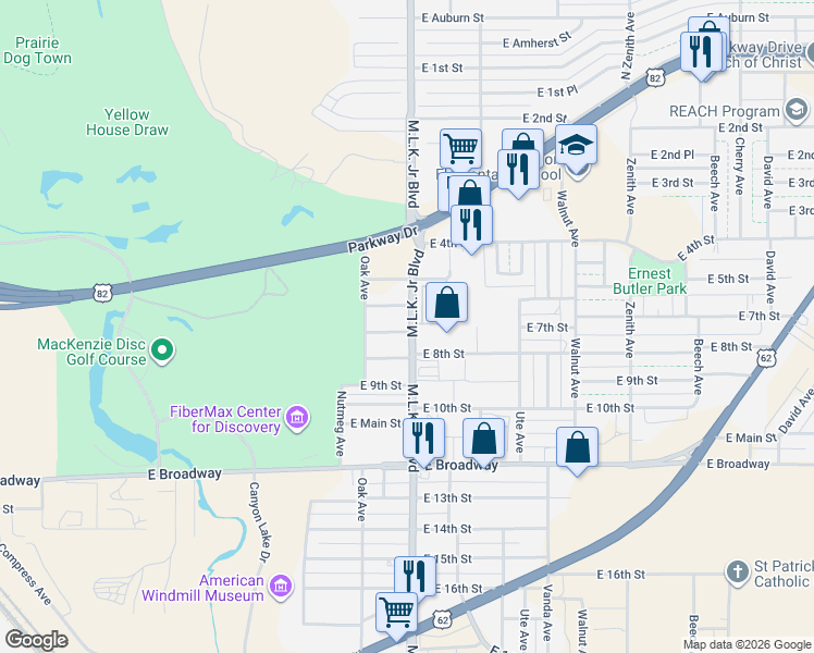 map of restaurants, bars, coffee shops, grocery stores, and more near 1519 East 7th Street in Lubbock