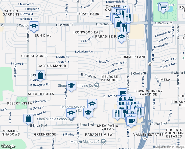 map of restaurants, bars, coffee shops, grocery stores, and more near 2842 East Cholla Street in Phoenix