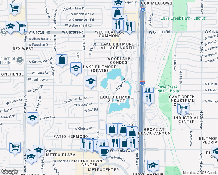 map of restaurants, bars, coffee shops, grocery stores, and more near 11036 North 28th Drive in Phoenix