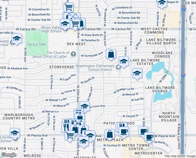 map of restaurants, bars, coffee shops, grocery stores, and more near 3327 West Cholla Street in Phoenix