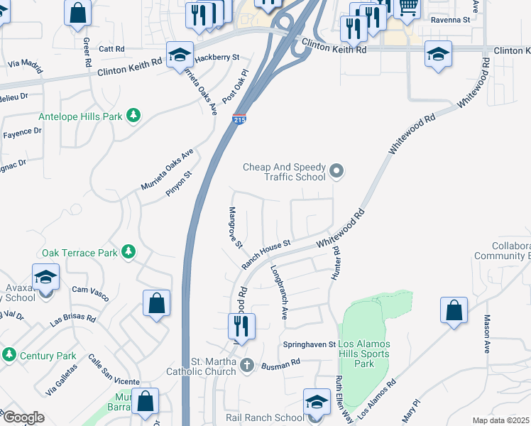 map of restaurants, bars, coffee shops, grocery stores, and more near 36623 Ponderosa Court in Murrieta