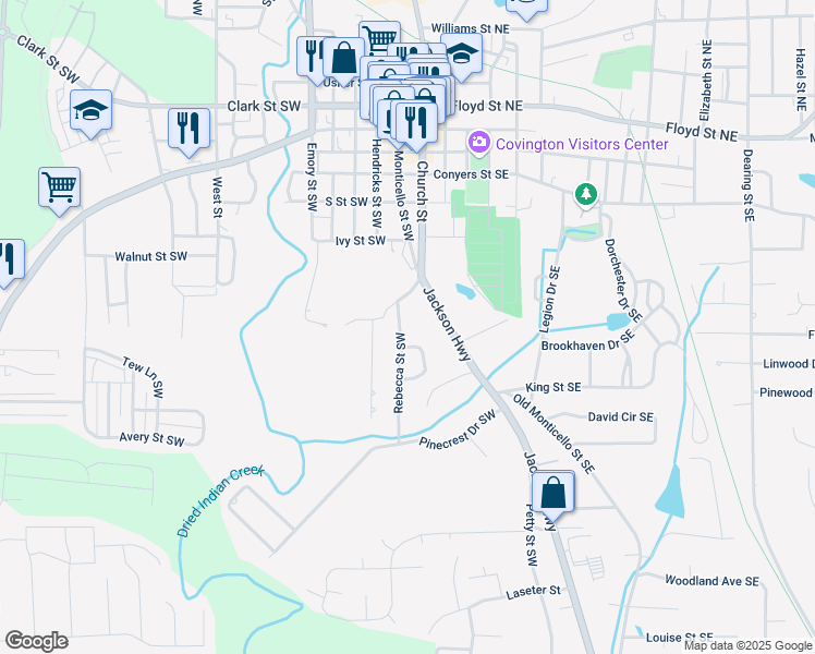 map of restaurants, bars, coffee shops, grocery stores, and more near 3133 Rebecca Street Southwest in Covington