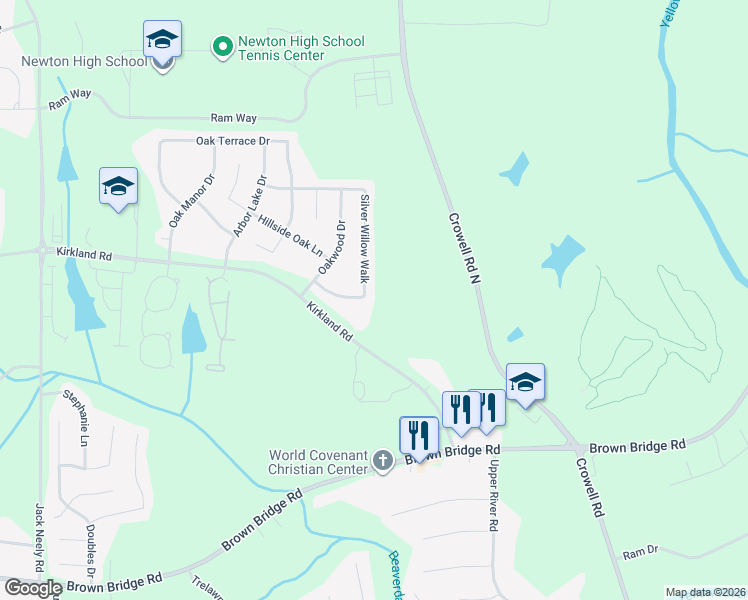 map of restaurants, bars, coffee shops, grocery stores, and more near 110 Silver Willow Walk in Covington
