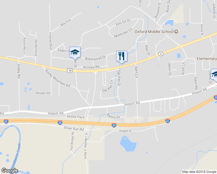 map of restaurants, bars, coffee shops, grocery stores, and more near 305 Del Ray Circle in Oxford