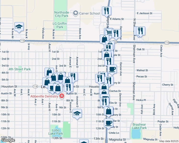 map of restaurants, bars, coffee shops, grocery stores, and more near 312 Avenue B in Levelland
