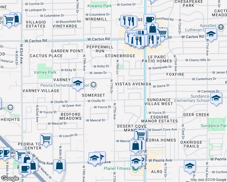 map of restaurants, bars, coffee shops, grocery stores, and more near 7720 West Cameron Drive in Peoria