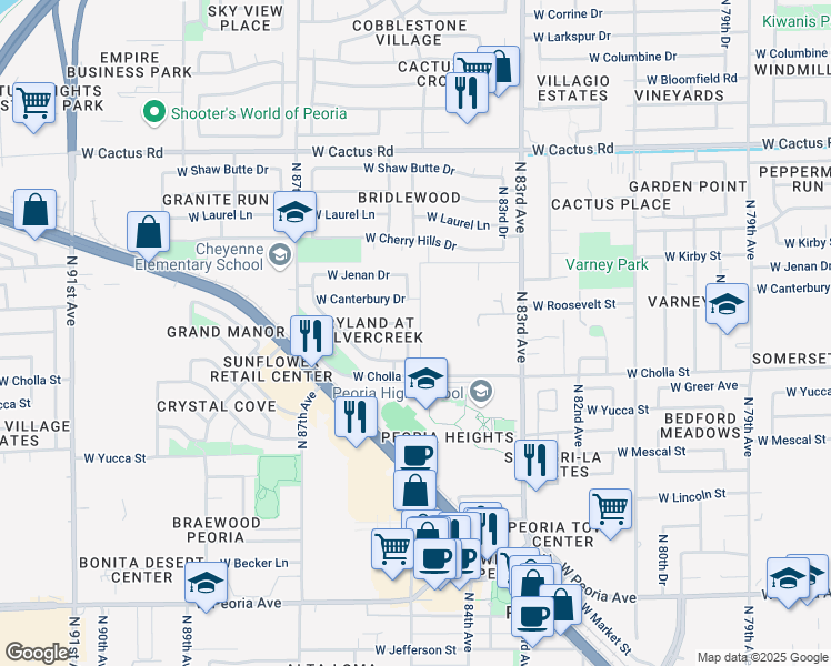 map of restaurants, bars, coffee shops, grocery stores, and more near 11539 North 85th Drive in Peoria