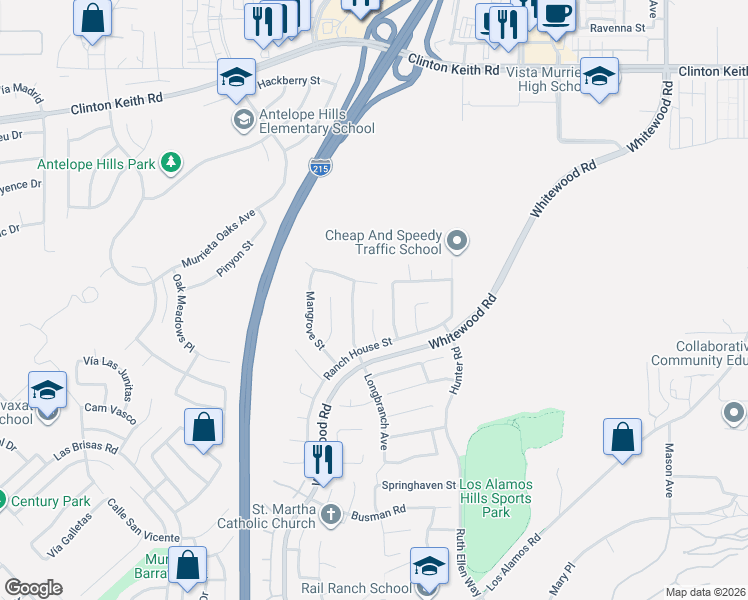 map of restaurants, bars, coffee shops, grocery stores, and more near 36623 Ponderosa Court in Murrieta