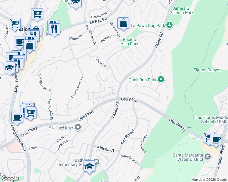 map of restaurants, bars, coffee shops, grocery stores, and more near 134 Melrose Drive in Mission Viejo