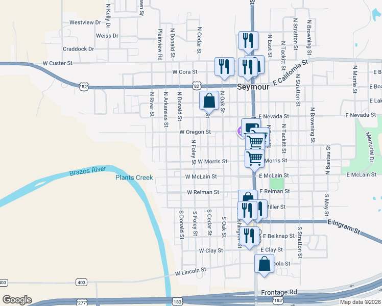 map of restaurants, bars, coffee shops, grocery stores, and more near 205 North Foley Street in Seymour