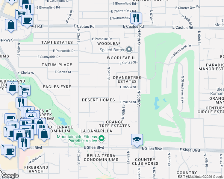 map of restaurants, bars, coffee shops, grocery stores, and more near 11239 North 54th Street in Scottsdale