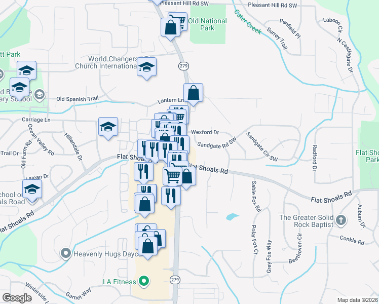 map of restaurants, bars, coffee shops, grocery stores, and more near 6060 Old National Highway in Atlanta