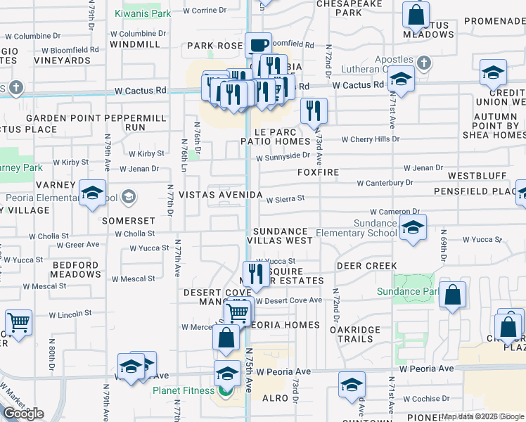 map of restaurants, bars, coffee shops, grocery stores, and more near 7434 West Cameron Drive in Peoria