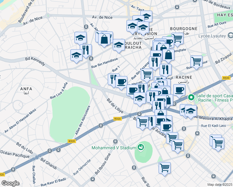 map of restaurants, bars, coffee shops, grocery stores, and more near Boulevard Franklin Roosevelt in Casablanca