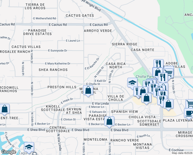 map of restaurants, bars, coffee shops, grocery stores, and more near 11431 North 109th Street in Scottsdale