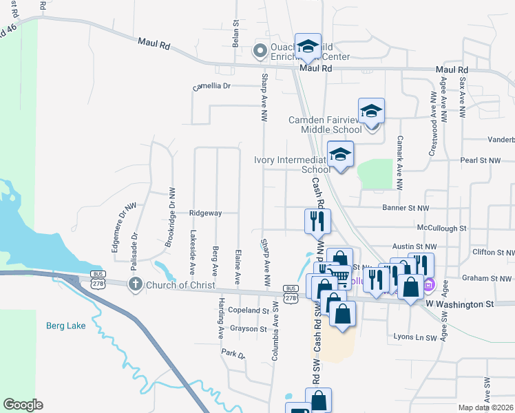 map of restaurants, bars, coffee shops, grocery stores, and more near 565 Sharp Avenue Northwest in Camden