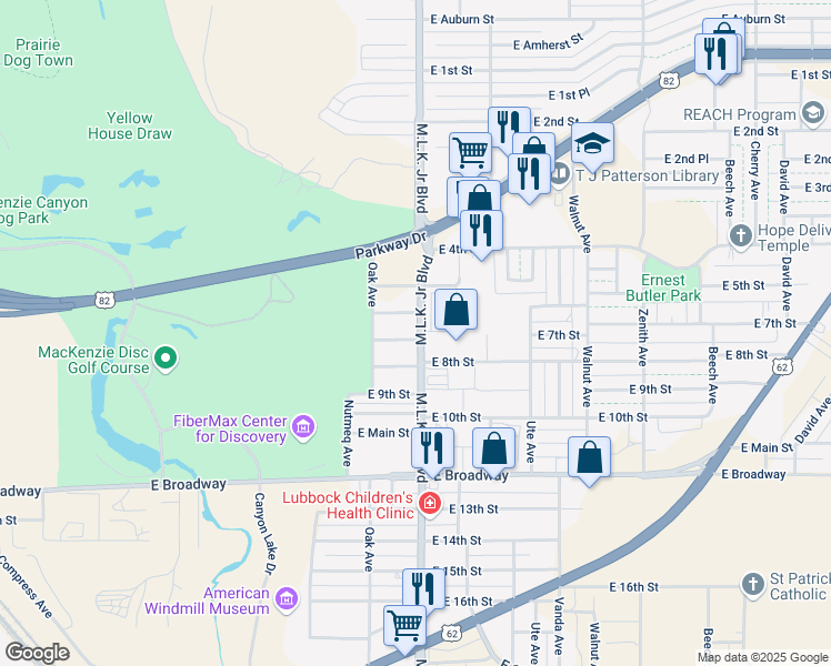 map of restaurants, bars, coffee shops, grocery stores, and more near 1519 East 7th Street in Lubbock