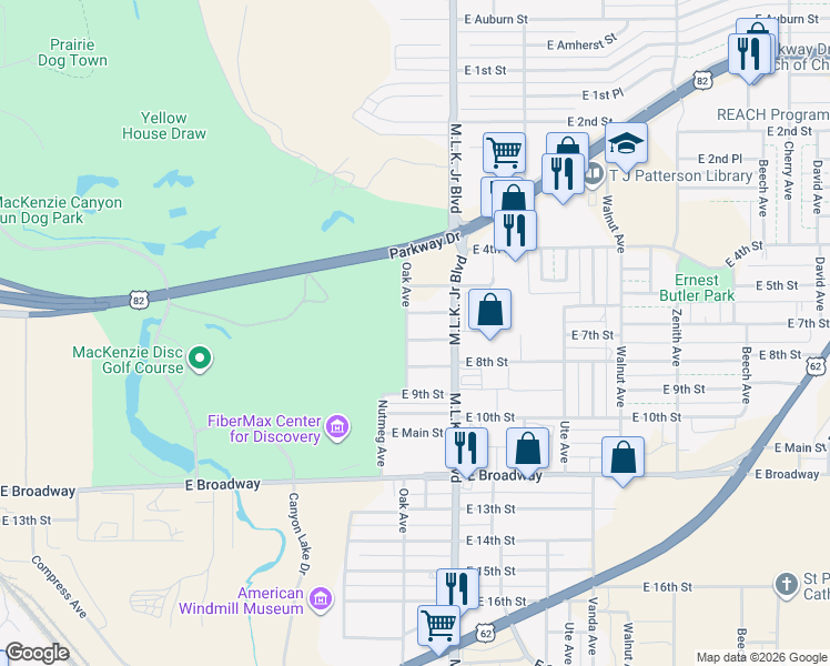 map of restaurants, bars, coffee shops, grocery stores, and more near 1503 East 7th Street in Lubbock